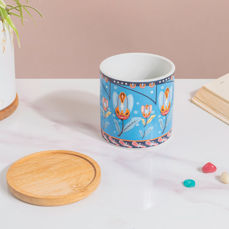 Cerulean Leaf Bloom Planter With Wooden Coaster - Indoor planters and flower pots | Home decor items