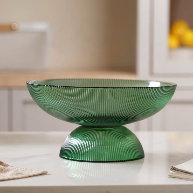 Ribbed Emerald Fruit Bowl Large - Glass bowl, serving bowls, bowl for snacks, glass serving bowl, large serving bowl | Bowls for dining table & home decor