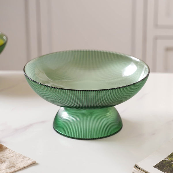 Ribbed Emerald Fruit Bowl Large - Glass bowl, serving bowls, bowl for snacks, glass serving bowl, large serving bowl | Bowls for dining table & home decor