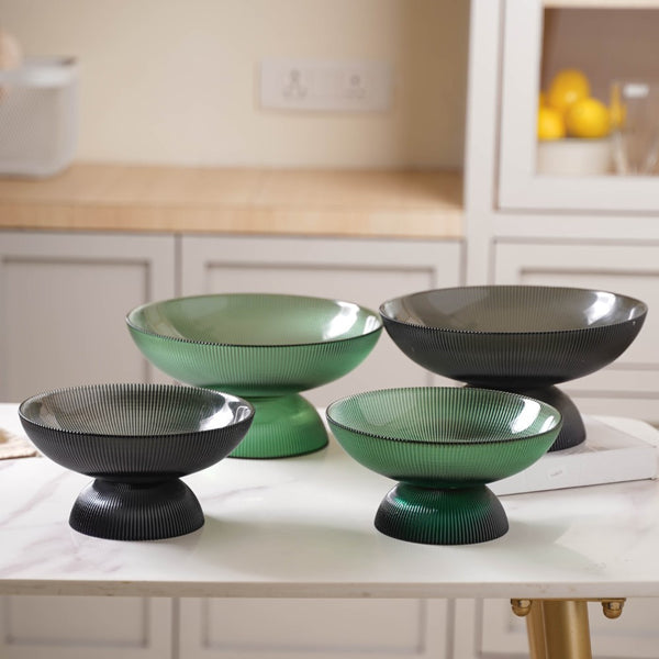 Ribbed Emerald Fruit Bowl Large - Glass bowl, serving bowls, bowl for snacks, glass serving bowl, large serving bowl | Bowls for dining table & home decor