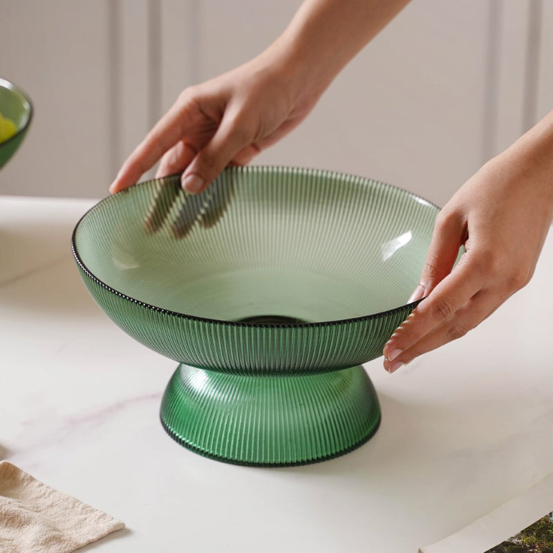 Ribbed Emerald Fruit Bowl Large - Glass bowl, serving bowls, bowl for snacks, glass serving bowl, large serving bowl | Bowls for dining table & home decor