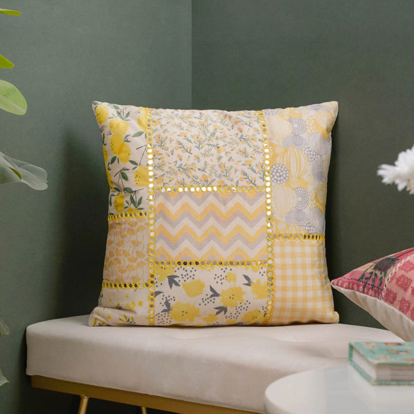 Patchwork Velvet Cushion Cover With Mirrorwork Yellow 16 x 16 Inch