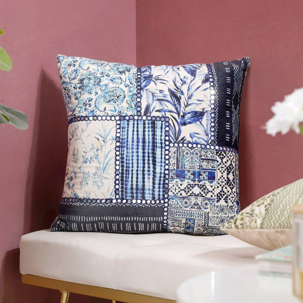 Velvet Patchwork Cushion Cover With Mirrorwork Blue 16 x 16 Inch