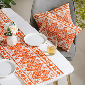 Embroidered Cushion Cover And Runner Orange Set Of 3