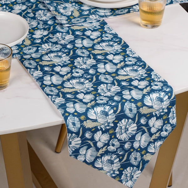 Floral Dining Cotton Printed Table Runner Royal Blue For 6 Seater