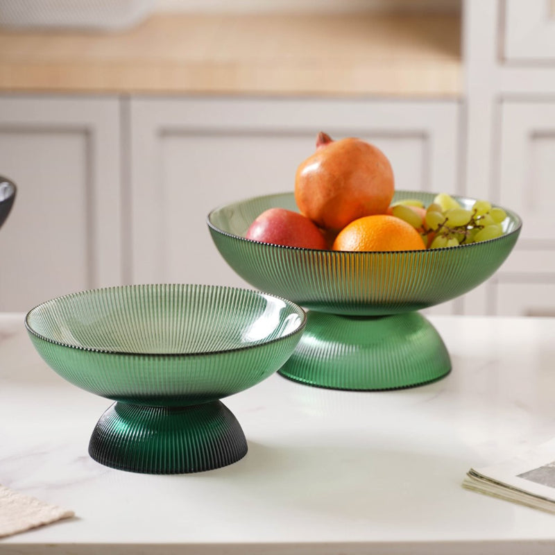 Ribbed Emerald Fruit Bowl Large - Glass bowl, serving bowls, bowl for snacks, glass serving bowl, large serving bowl | Bowls for dining table & home decor