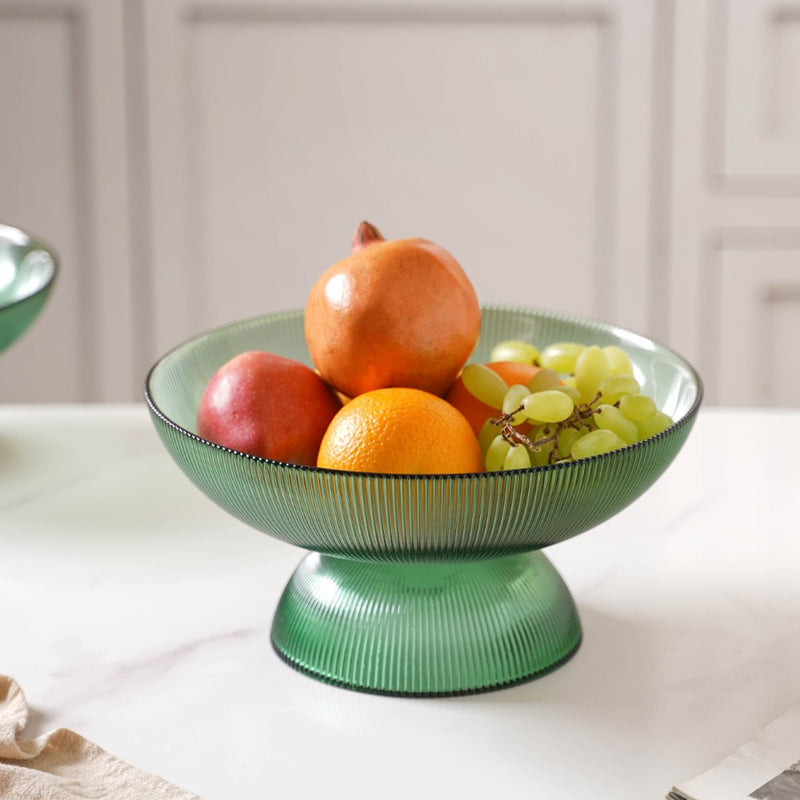 Ribbed Emerald Fruit Bowl Large - Glass bowl, serving bowls, bowl for snacks, glass serving bowl, large serving bowl | Bowls for dining table & home decor