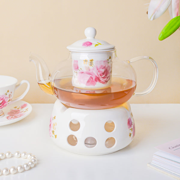 Daffodil Yellow And Pink Glass Teapot With Warmer Base 700 ml