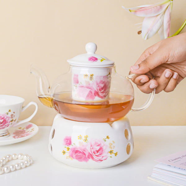 Cherry Rose Glass Teapot With Warmer Base 700 ml - Teapot, teapot with warmer | Teapot for Dining table & Home decor