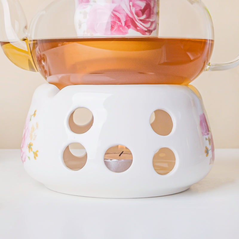Cherry Rose Glass Teapot With Warmer Base 700 ml - Teapot, teapot with warmer | Teapot for Dining table & Home decor