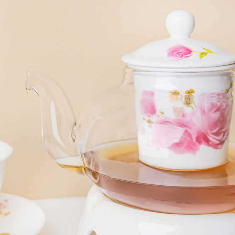 Cherry Rose Glass Teapot With Warmer Base 700 ml - Teapot, teapot with warmer | Teapot for Dining table & Home decor