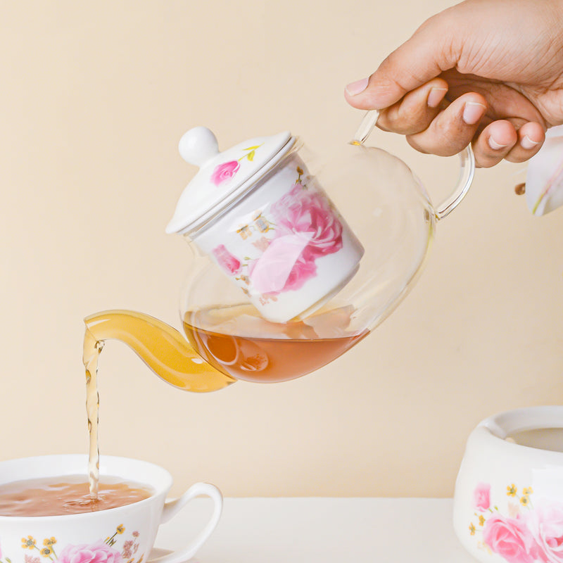 Cherry Rose Glass Teapot With Warmer Base 700 ml - Teapot, teapot with warmer | Teapot for Dining table & Home decor