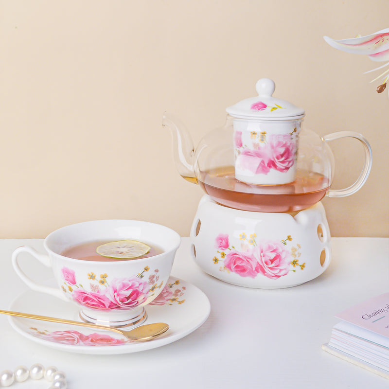 Cherry Rose Glass Teapot With Warmer Base 700 ml - Teapot, teapot with warmer | Teapot for Dining table & Home decor