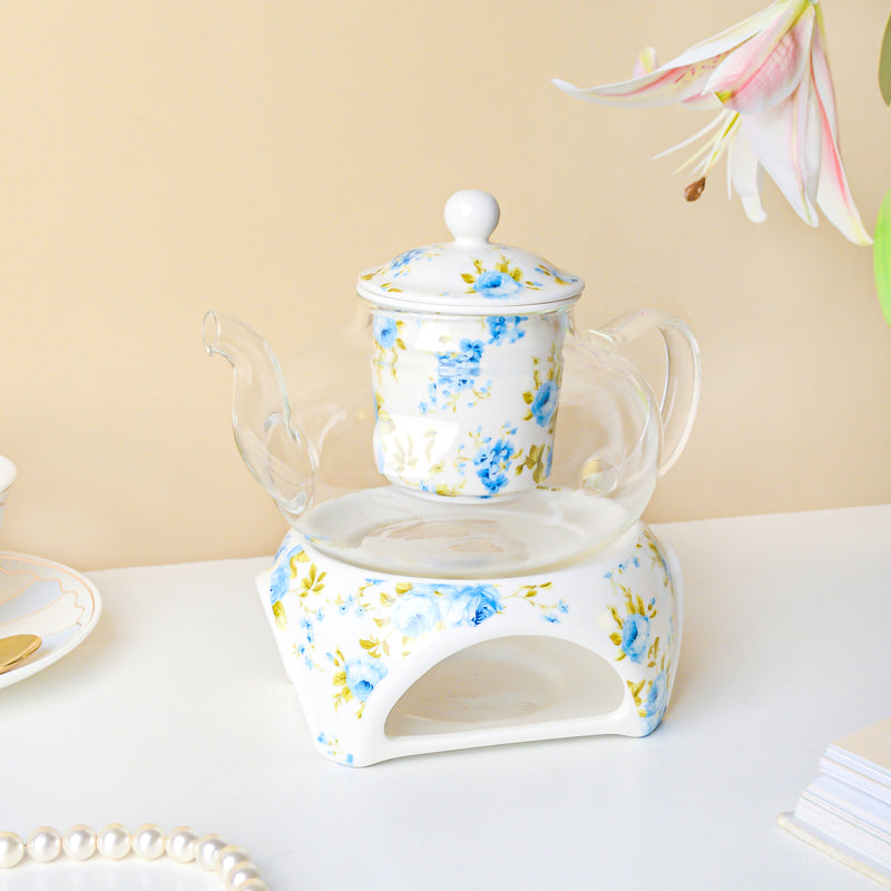 Bluebird Glass Teapot With Warmer White And Blue 700 ml - Teapot, teapot with warmer | Teapot for Dining table & Home decor