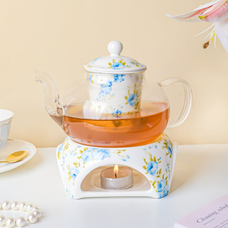Bluebird Glass Teapot With Warmer White And Blue 700 ml - Teapot, teapot with warmer | Teapot for Dining table & Home decor