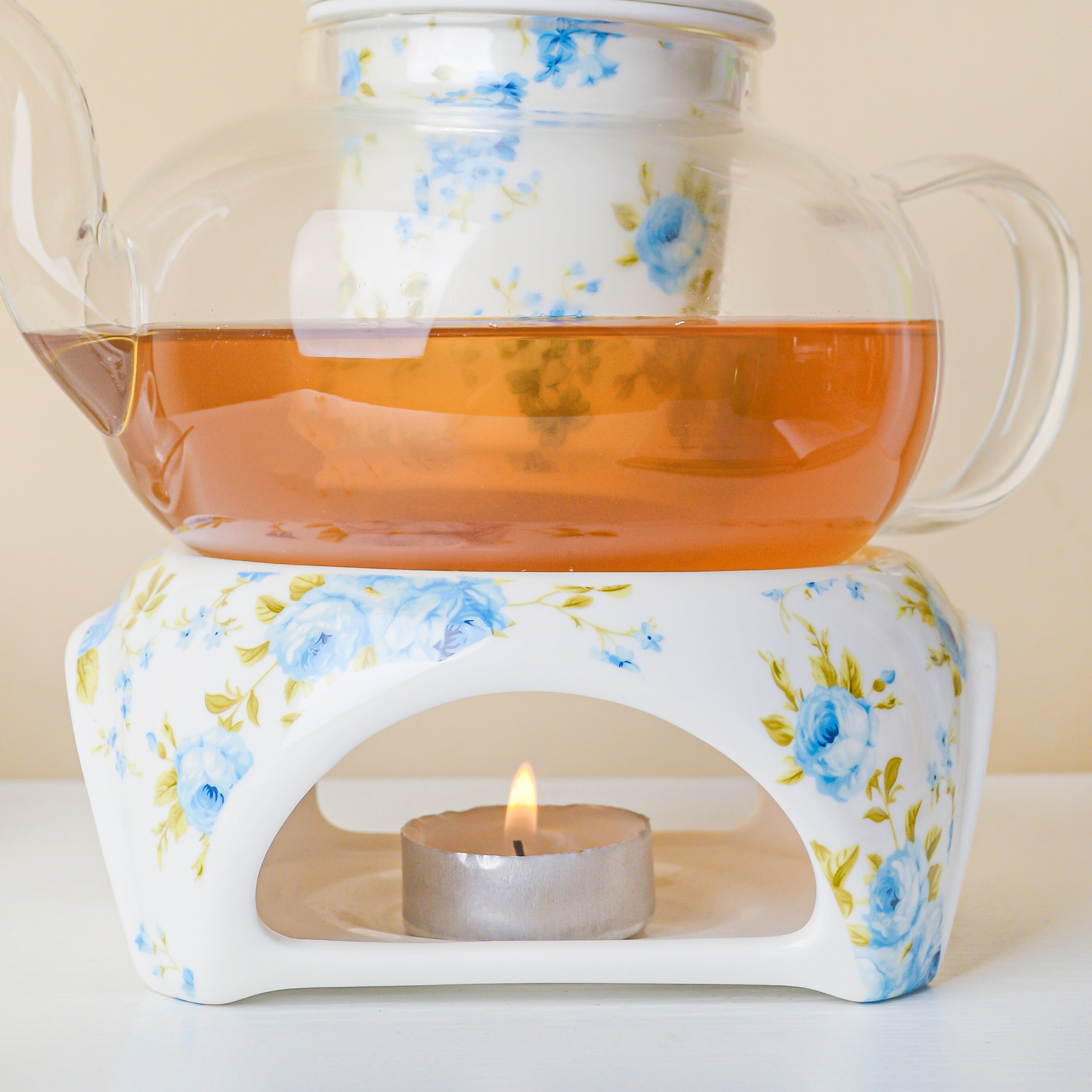 Bluebird Glass Teapot With Warmer White And Blue 700 ml
