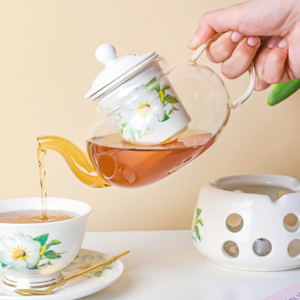 Jasmine White Glass Teapot With Warmer Base 700 ml - Teapot, teapot with warmer | Teapot for Dining table & Home decor