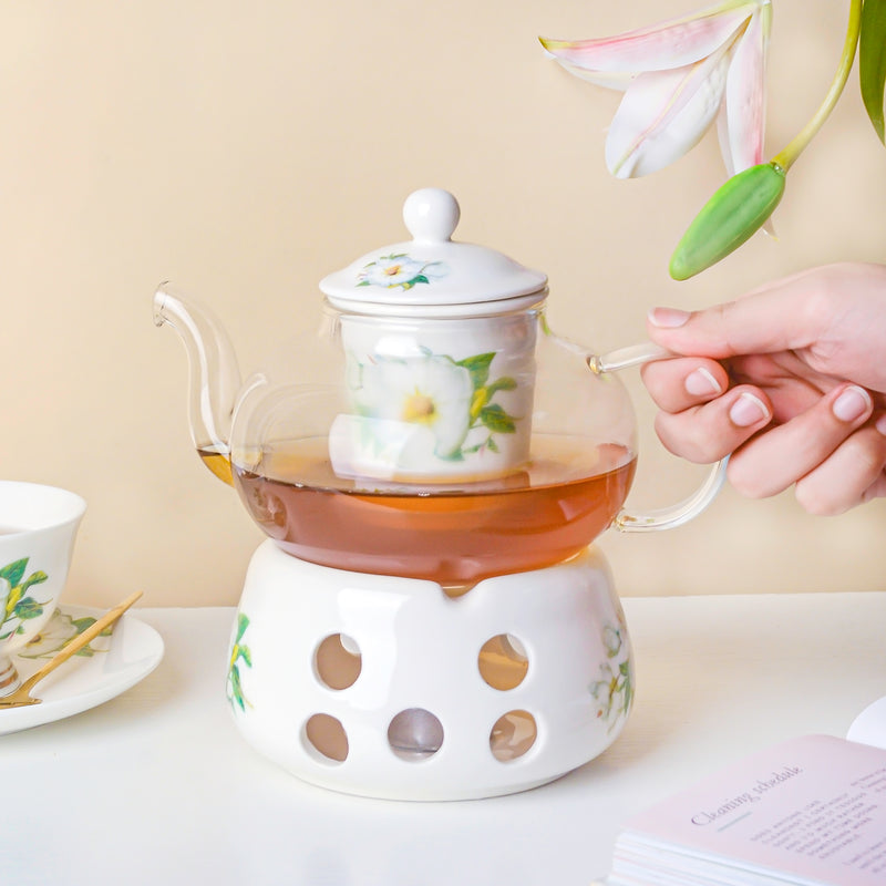 Jasmine White Glass Teapot With Warmer Base 700 ml - Teapot, teapot with warmer | Teapot for Dining table & Home decor