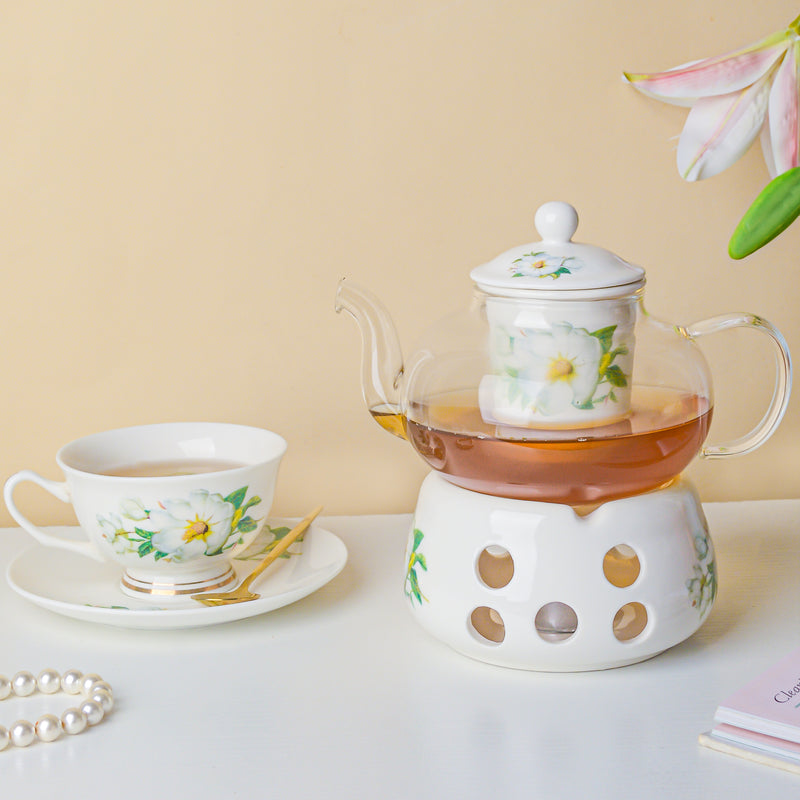 Jasmine White Glass Teapot With Warmer Base 700 ml - Teapot, teapot with warmer | Teapot for Dining table & Home decor