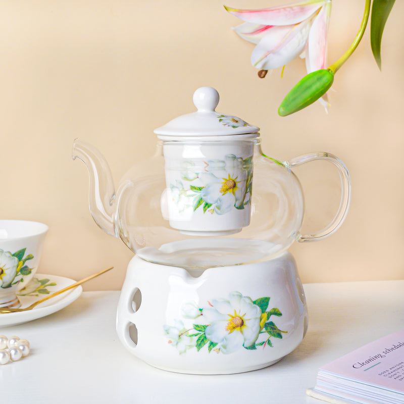Jasmine White Glass Teapot With Warmer Base 700 ml - Teapot, teapot with warmer | Teapot for Dining table & Home decor
