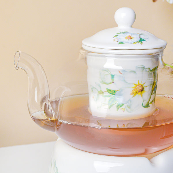 Jasmine White Glass Teapot With Warmer Base 700 ml - Teapot, teapot with warmer | Teapot for Dining table & Home decor