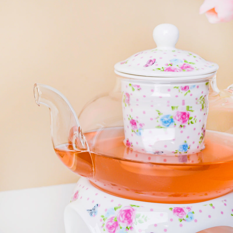 Magnolia Pink And Blue Glass Teapot With Warmer Base 700 ml - Teapot, teapot with warmer | Teapot for Dining table & Home decor