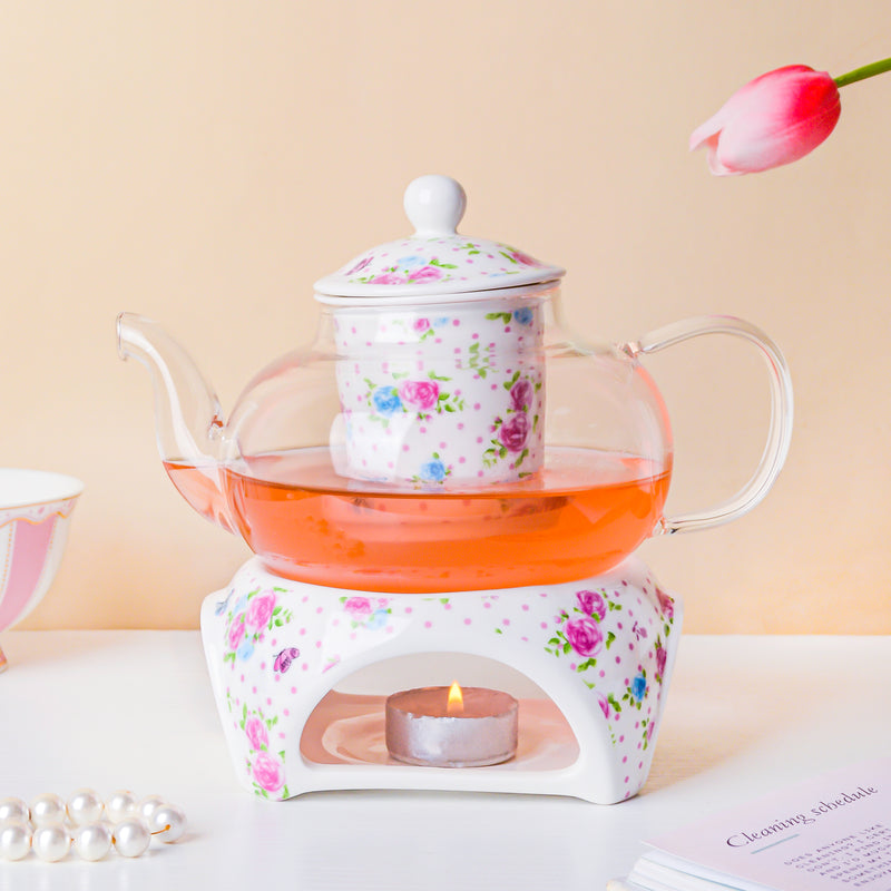 Magnolia Pink And Blue Glass Teapot With Warmer Base 700 ml - Teapot, teapot with warmer | Teapot for Dining table & Home decor