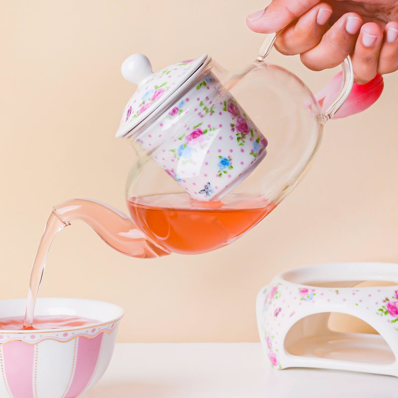 Magnolia Pink And Blue Glass Teapot With Warmer Base 700 ml - Teapot, teapot with warmer | Teapot for Dining table & Home decor