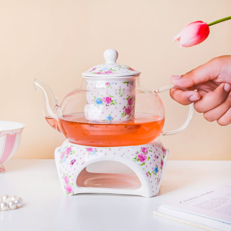 Magnolia Pink And Blue Glass Teapot With Warmer Base 700 ml - Teapot, teapot with warmer | Teapot for Dining table & Home decor