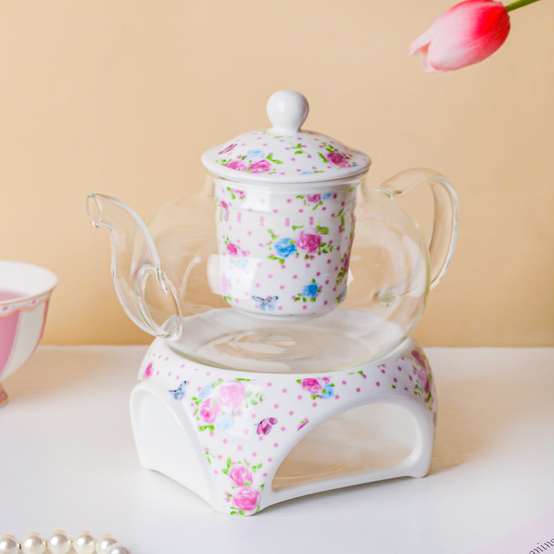 Magnolia Pink And Blue Glass Teapot With Warmer Base 700 ml - Teapot, teapot with warmer | Teapot for Dining table & Home decor