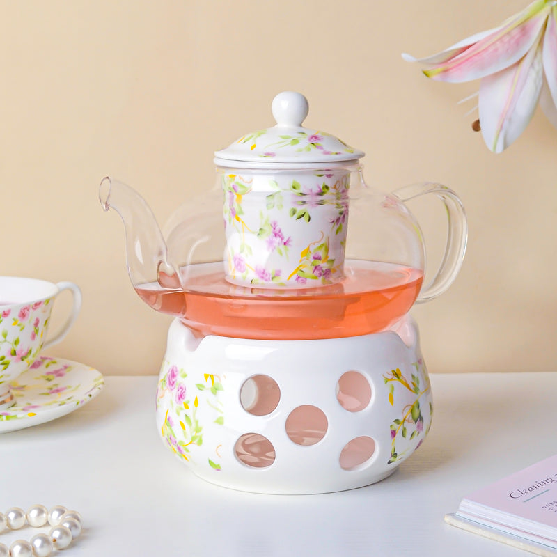Viola Cosmos Glass Teapot With Warmer Base 700 ml - Teapot, teapot with warmer | Teapot for Dining table & Home decor