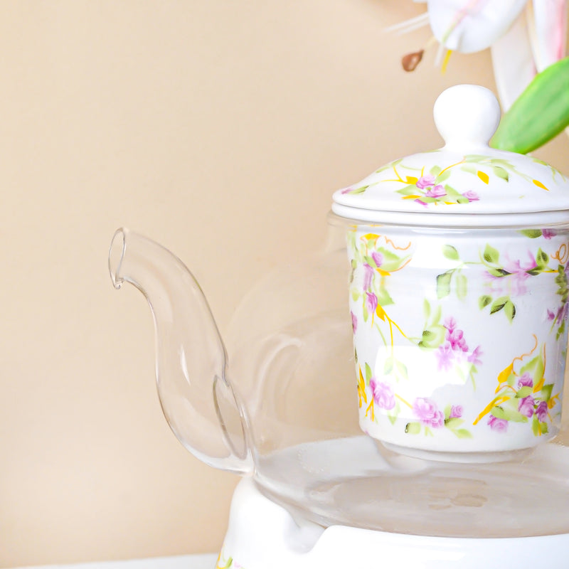Viola Cosmos Glass Teapot With Warmer Base 700 ml - Teapot, teapot with warmer | Teapot for Dining table & Home decor