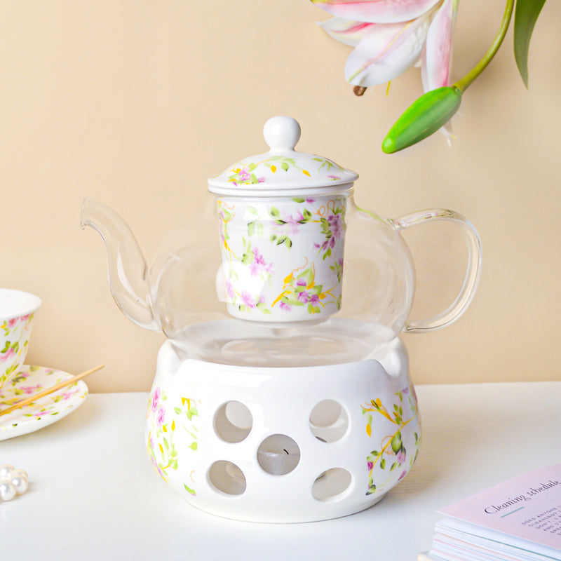Viola Cosmos Glass Teapot With Warmer Base 700 ml - Teapot, teapot with warmer | Teapot for Dining table & Home decor