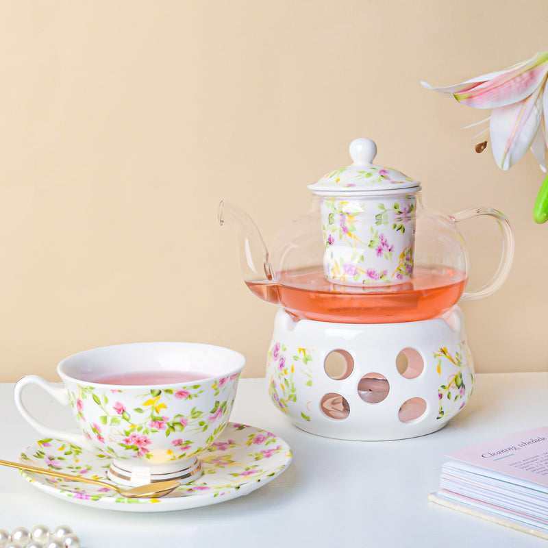 Viola Cosmos Glass Teapot With Warmer Base 700 ml - Teapot, teapot with warmer | Teapot for Dining table & Home decor