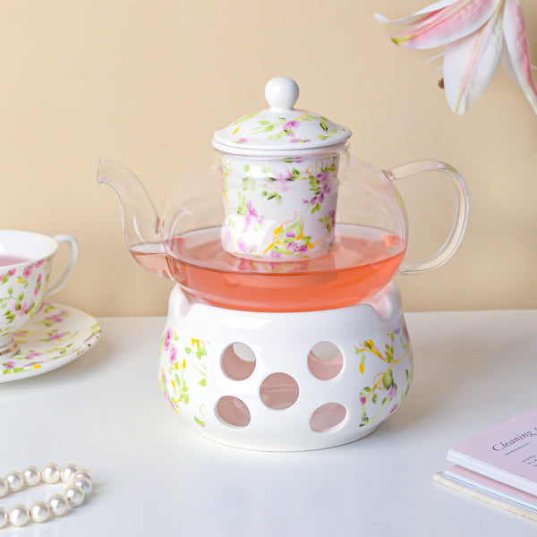 Viola Cosmos Glass Teapot With Warmer Base 700 ml - Teapot, teapot with warmer | Teapot for Dining table & Home decor