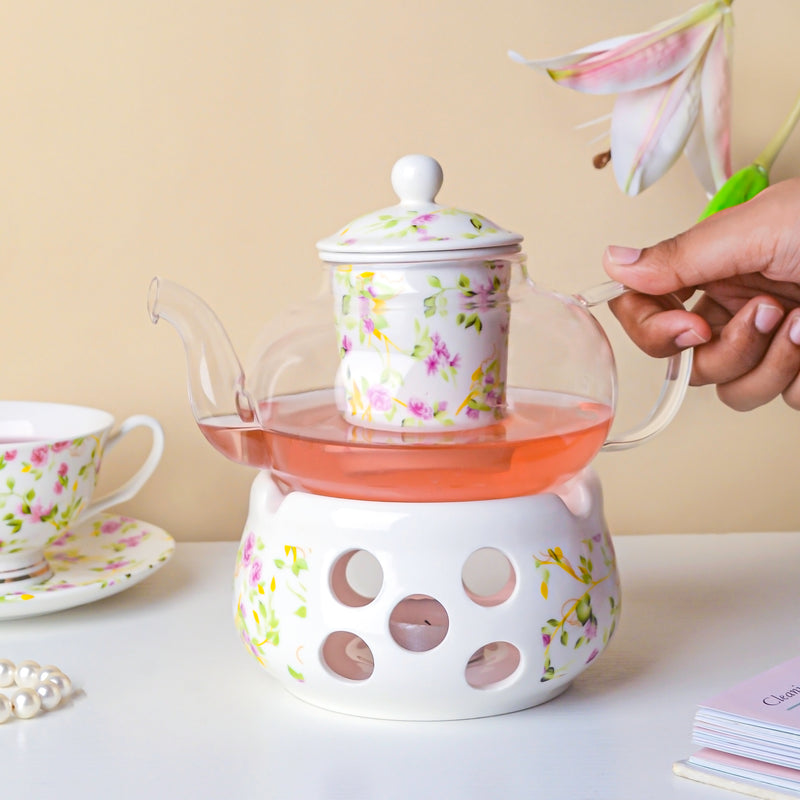 Viola Cosmos Glass Teapot With Warmer Base 700 ml - Teapot, teapot with warmer | Teapot for Dining table & Home decor