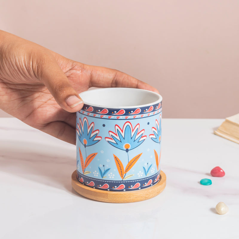 Floral Fantasy Ceramic Planter With Coaster Set Of 4 - Planter with Coaster, Decorative Ceramic Planter, Set of 4 Planters for Home Decor