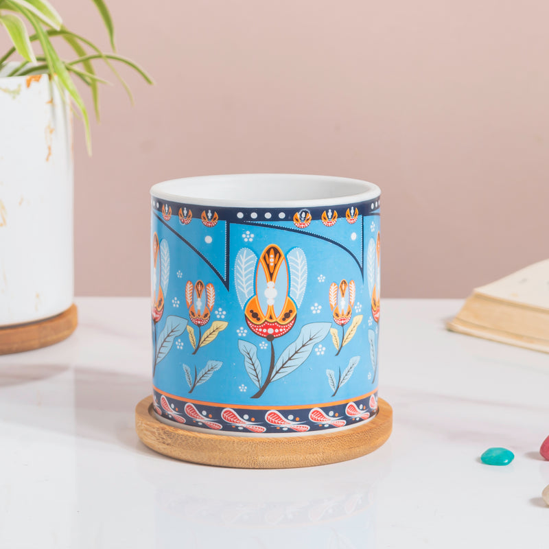 Cerulean Leaf Bloom Planter With Wooden Coaster - Indoor planters and flower pots | Home decor items