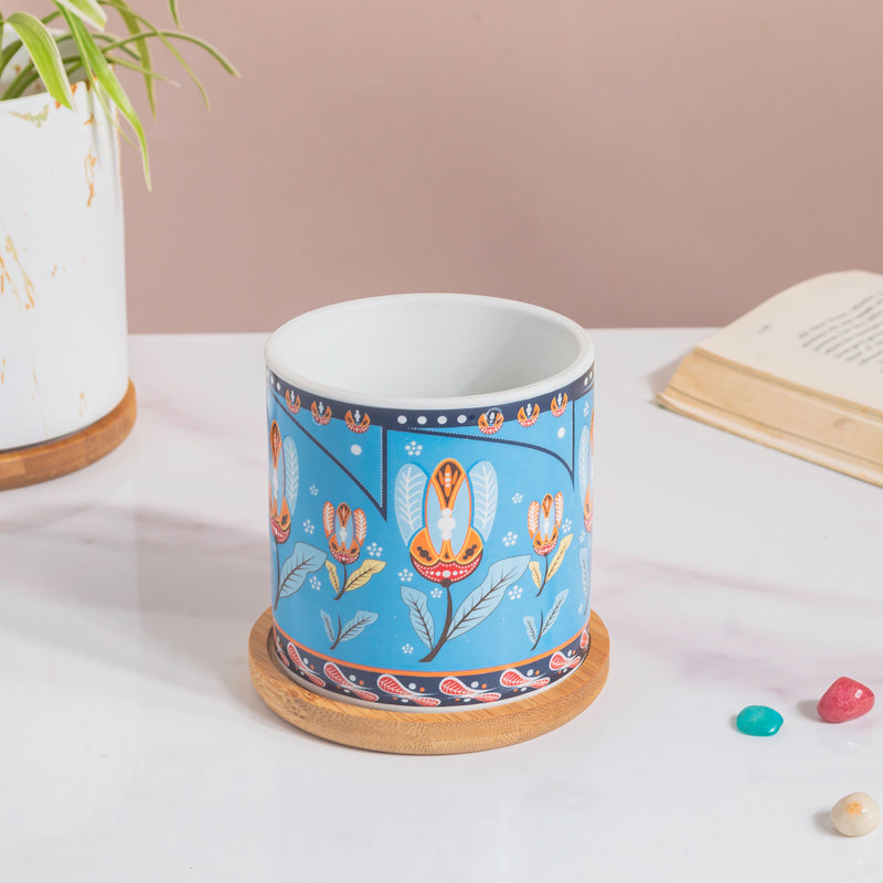 Cerulean Leaf Bloom Planter With Wooden Coaster - Indoor planters and flower pots | Home decor items