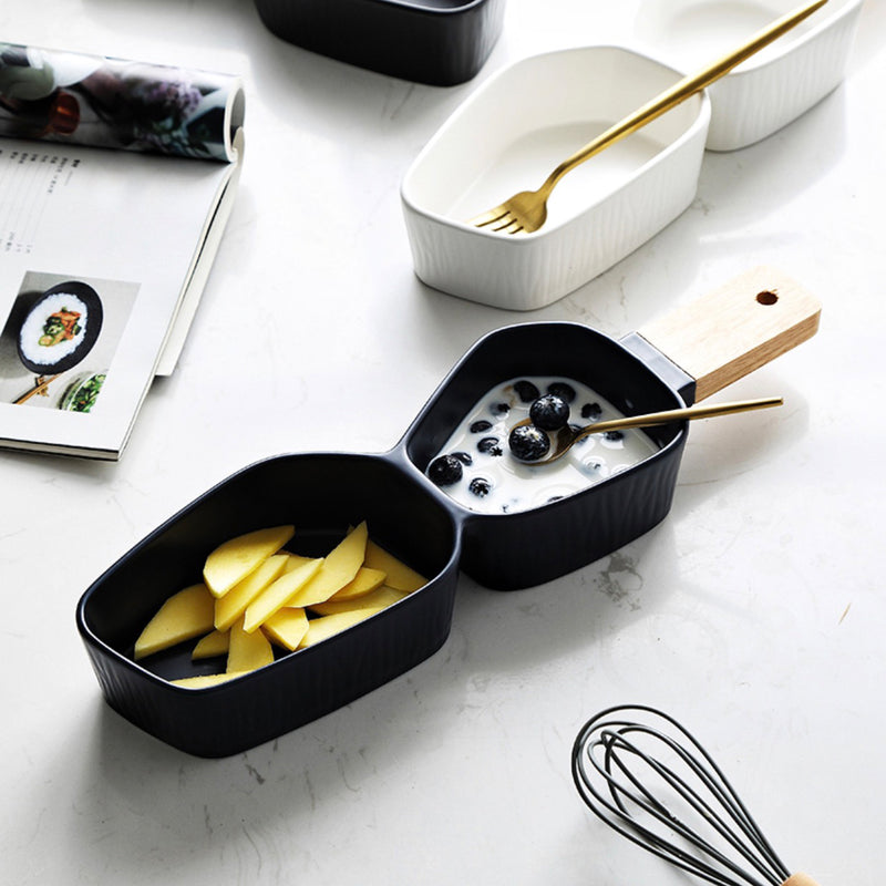 GEOMETRIC 2 Part Bowl With Wooden Handle - Serving bowls, noodle bowl, snack bowl, curry bowl | Bowls for dining & home decor