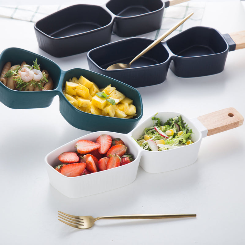 GEOMETRIC 2 Part Bowl With Wooden Handle - Serving bowls, noodle bowl, snack bowl, curry bowl | Bowls for dining & home decor