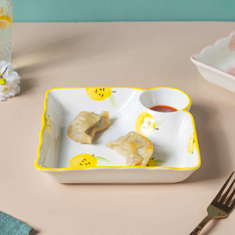 Pear Bear Section Plate Yellow - Serving plate, snack plate, momo plate, plate with compartment | Plates for dining table & home decor