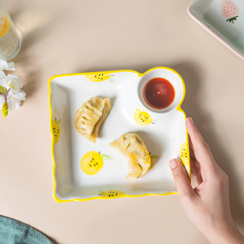 Pear Bear Section Plate Yellow - Serving plate, snack plate, momo plate, plate with compartment | Plates for dining table & home decor