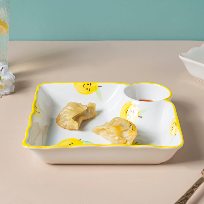 Pear Bear Section Plate Yellow - Serving plate, snack plate, momo plate, plate with compartment | Plates for dining table & home decor