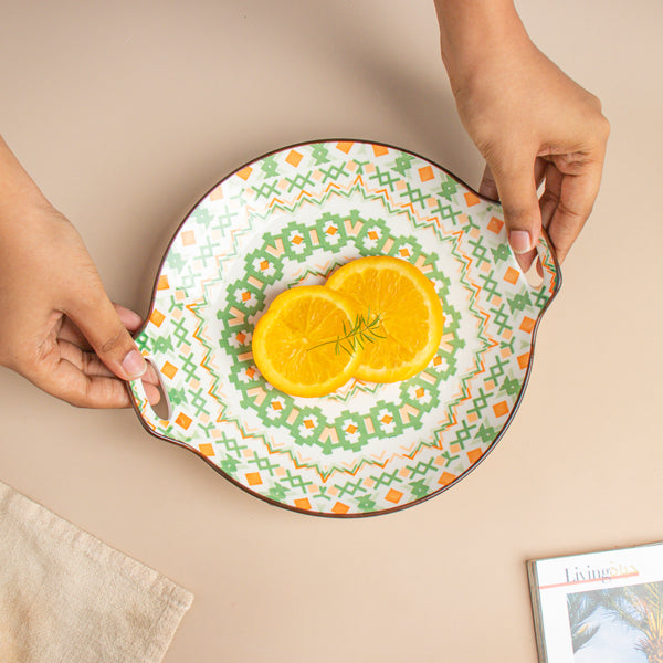 Mandala Round Ceramic Platter With Handle Green