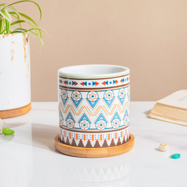 Mandala Print Ceramic Planter Blue With Wooden Coaster