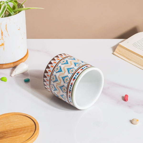 Mandala Print Ceramic Planter Blue With Wooden Coaster