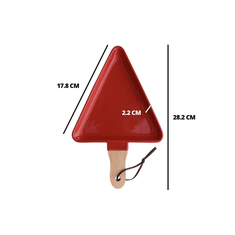 MERRY triangle plate with wooden handle - red - Ceramic platter, serving platter, fruit platter | Plates for dining table & home decor
