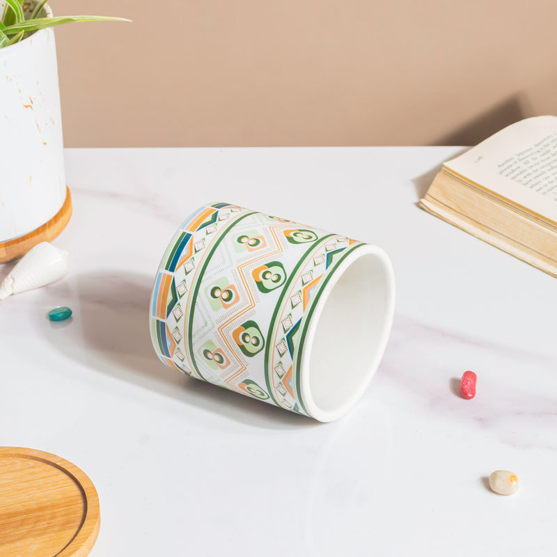 Mandala Print Ceramic Planter Green With Wooden Coaster - Plant pot and plant stands | Room decor items