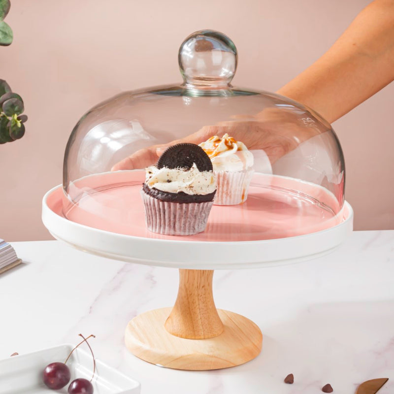  Cake Stand With Cloche Pink 9.5 Inch